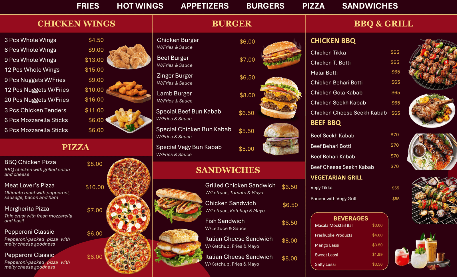 Burgers, Hot Wings, Pizza, Sandwiches & BBQ
